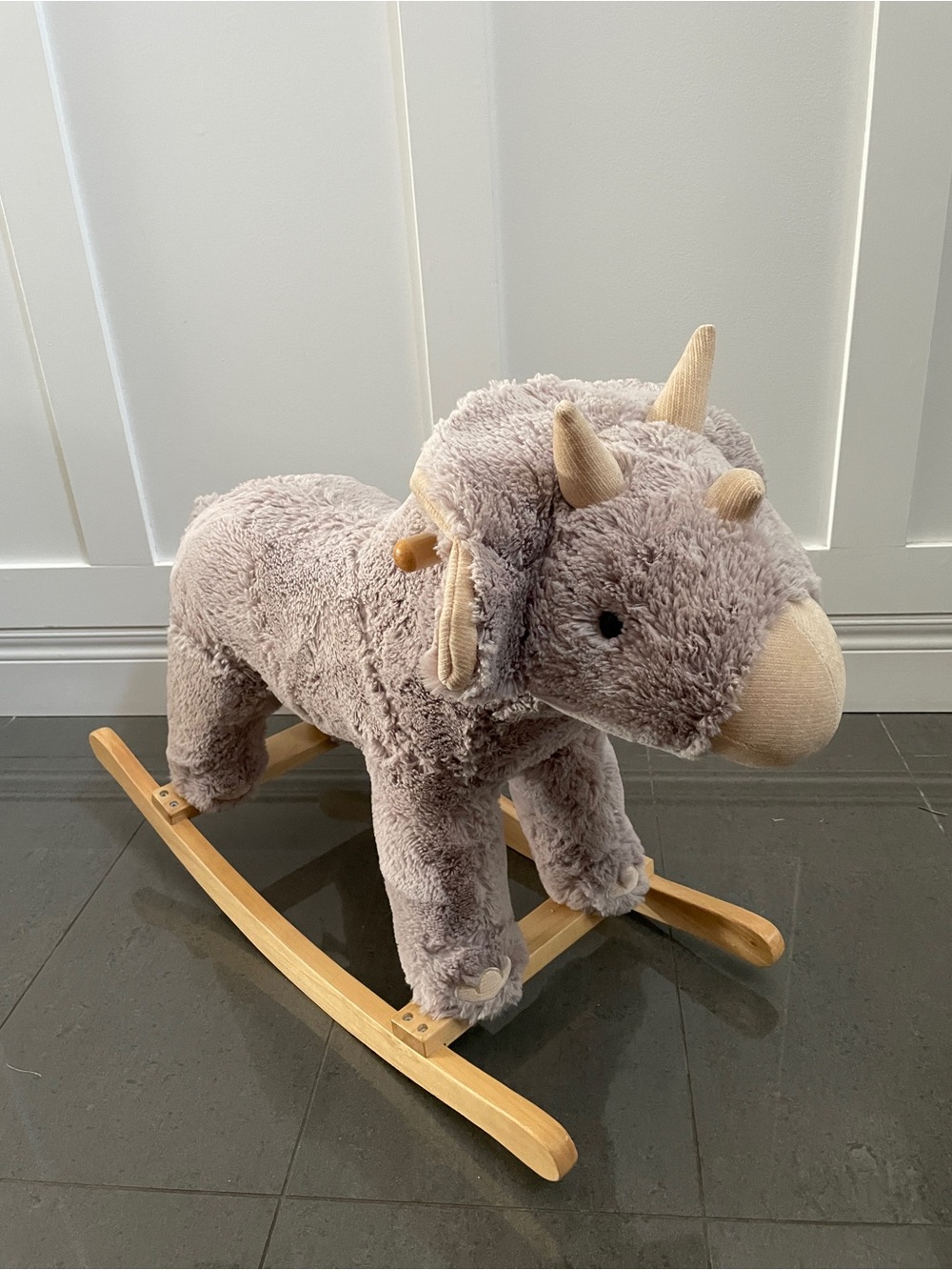 Plush Gray Triceratops Dinosaur Rocker - Soft Ride-On Dino Toy “Rocking Horse”